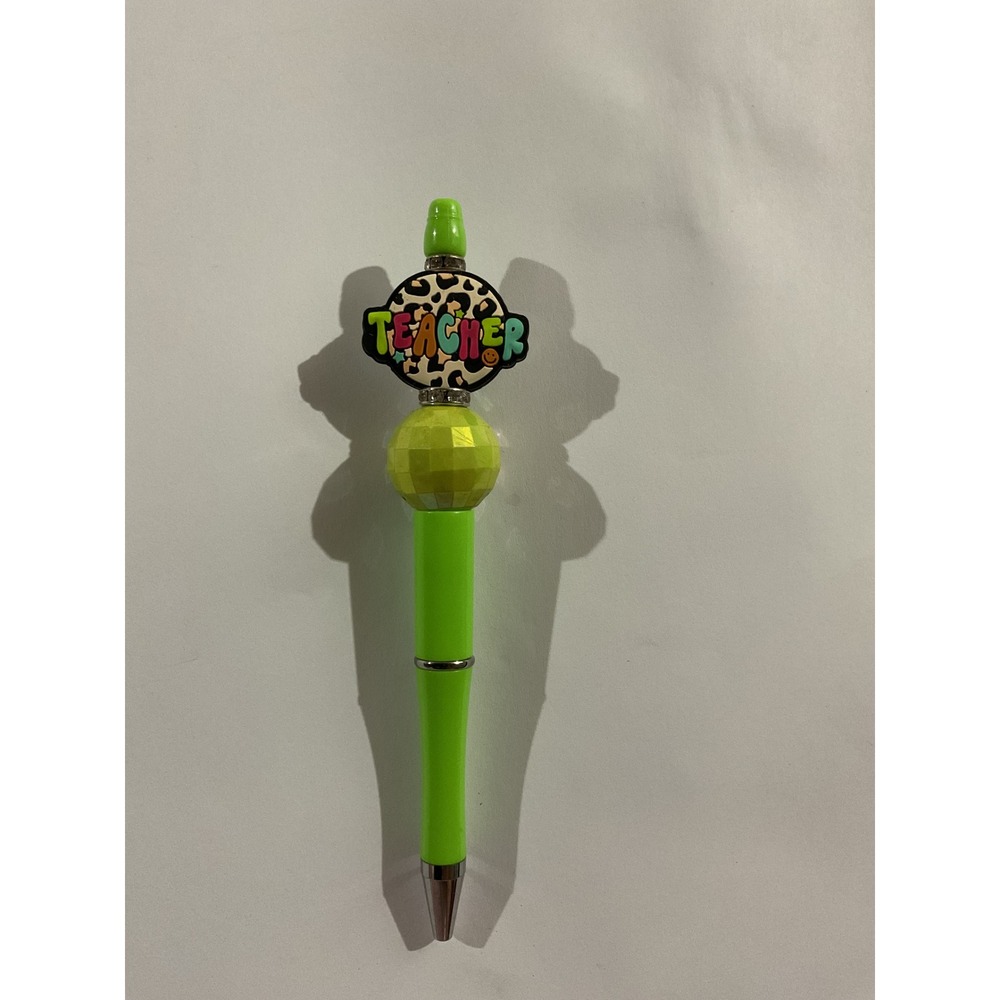 Teacher Beaded Pen Lime Green Leopard Print Disco Ball Bead School Gift